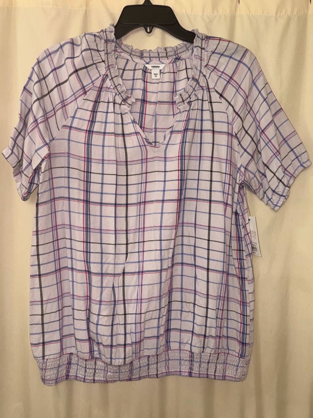 Sonoma Lavender Plaid Short Sleeve Peasant Blouse